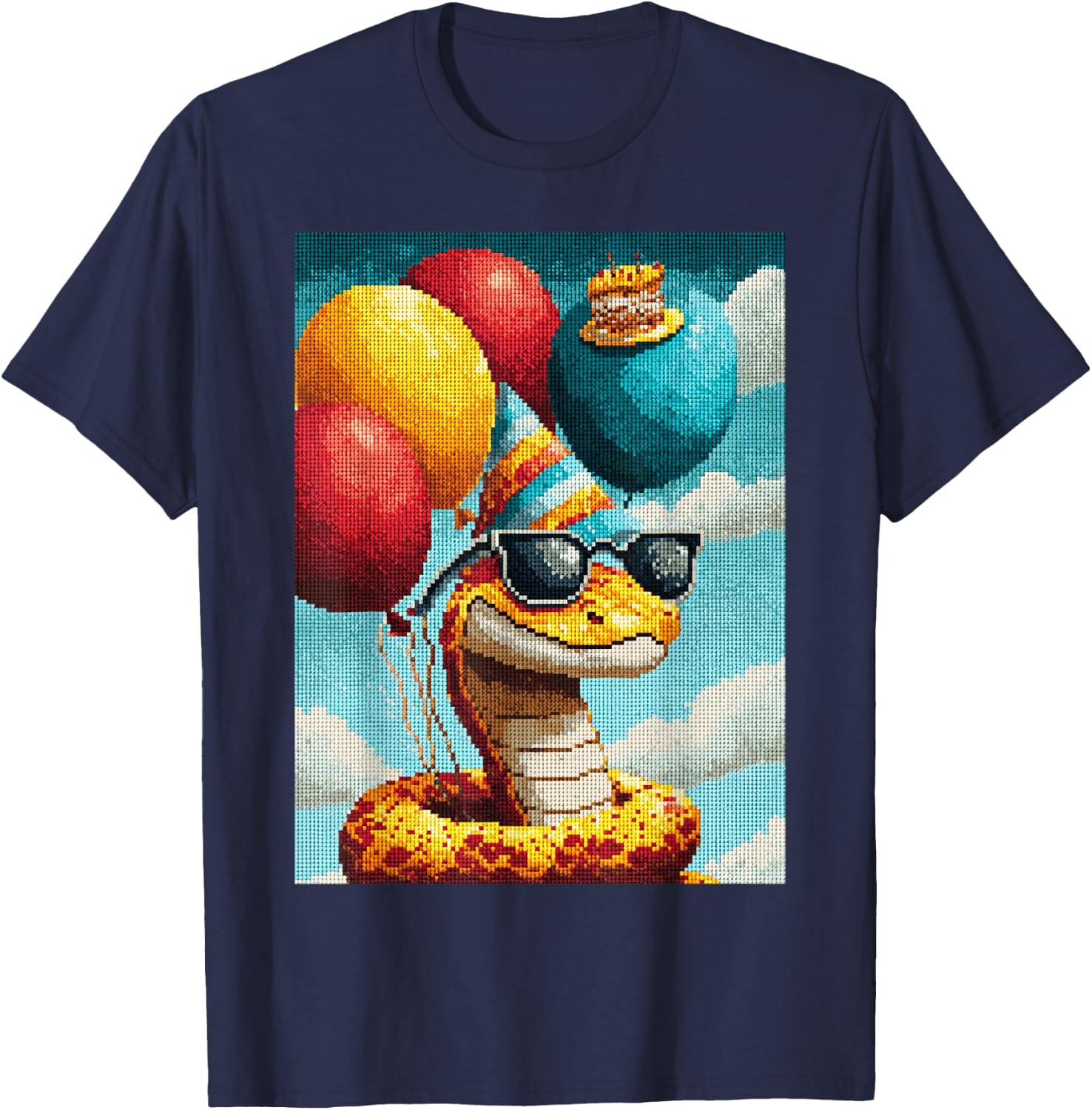 Retro Snake Birthday Party Balloons & Cake Pixel Animal T-Shirt - T-Shirt | Navy