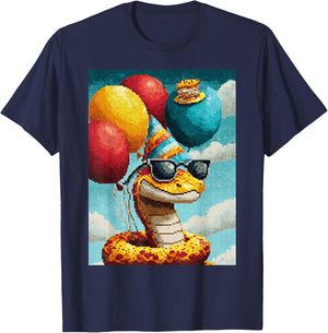 Retro Snake Birthday Party Balloons & Cake Pixel Animal T-Shirt - T-Shirt | Navy