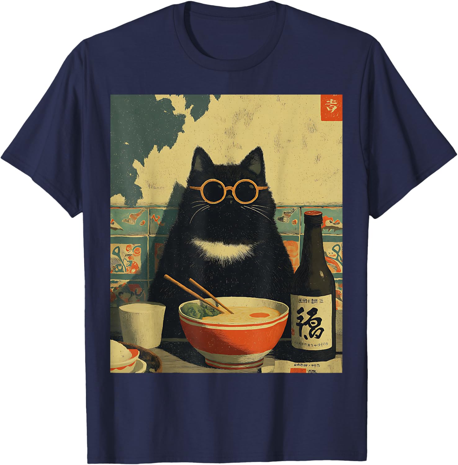 Vintage Japanische Katze Ramen Katze Papa Retro Lustige Grafik Frauen T-Shirt - T-Shirt | Navy