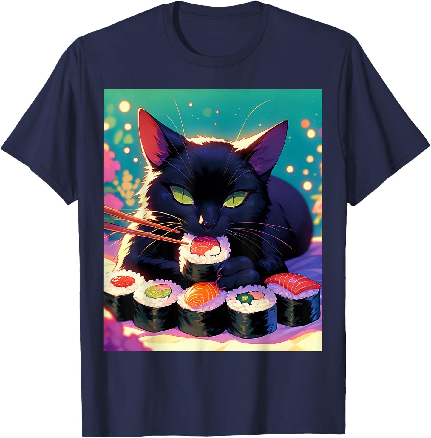 Black Cat Eating Sushi Anime Funny Cat Gifts Men Women Kids T-Shirt - T-Shirt | Navy