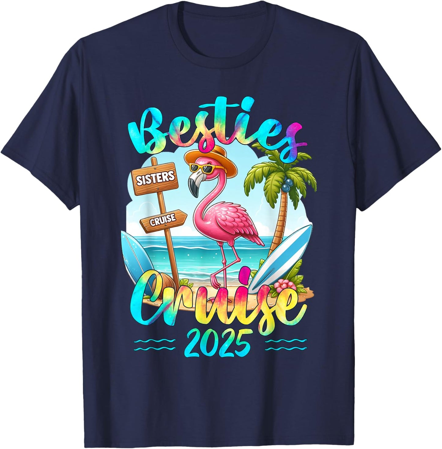 Besties Cruise 2025 Tie Dye Flamingo Cruise Squad Girls Trip T-Shirt - T-Shirt | Navy