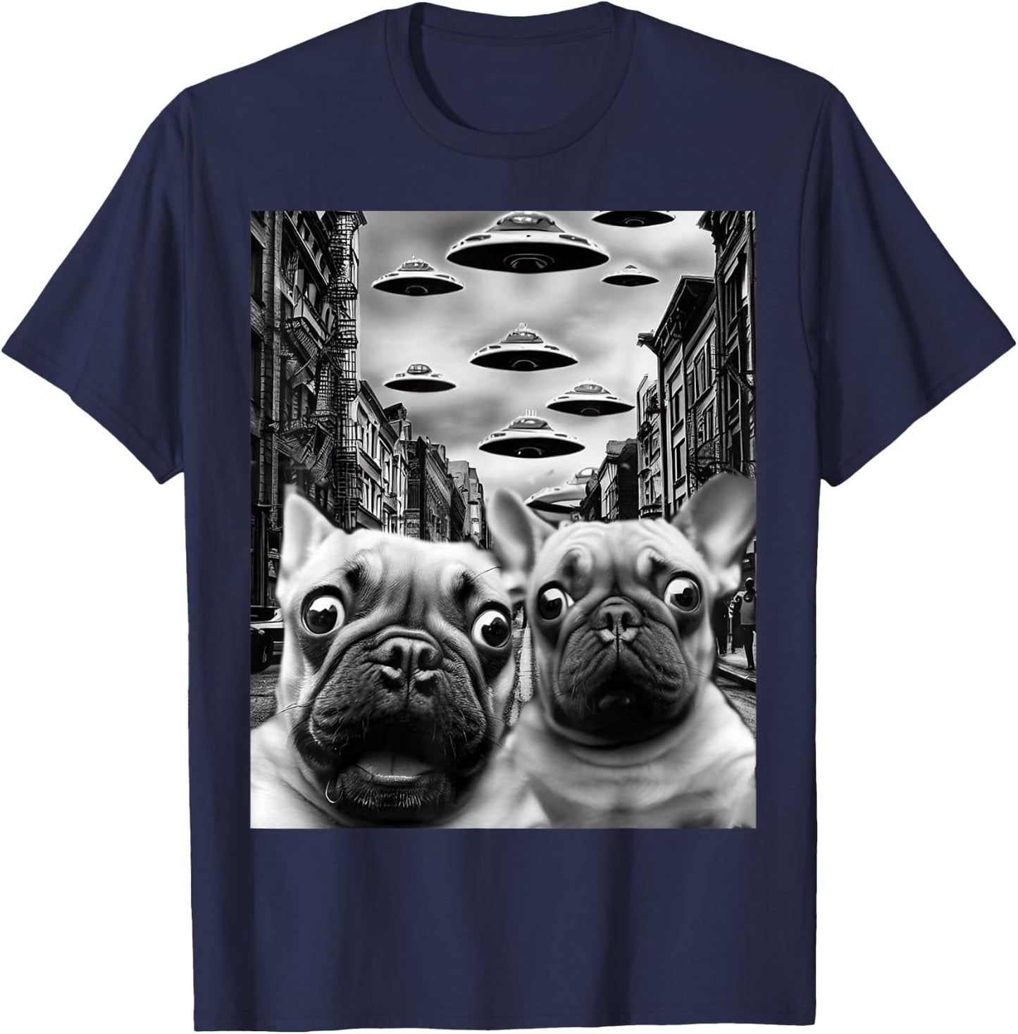 Frenchie UFO Selfie - Funny French Bulldog Alien Gift T-Shirt - T-Shirt | Navy