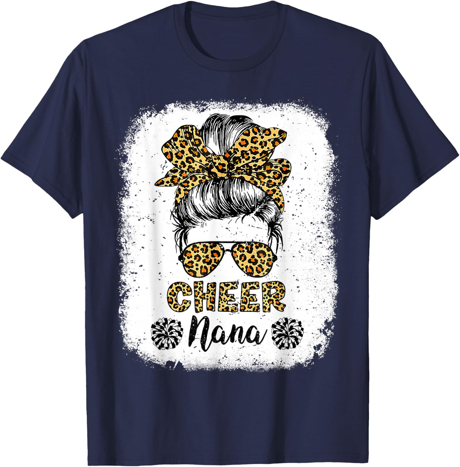 Cheer Nana Leopard Messy Bun Cheerleader Bleached T-Shirt - T-Shirt | Navy