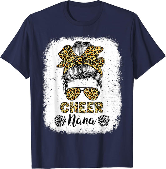 Cheer Nana Leopard Messy Bun Cheerleader Bleached T-Shirt - T-Shirt | Navy