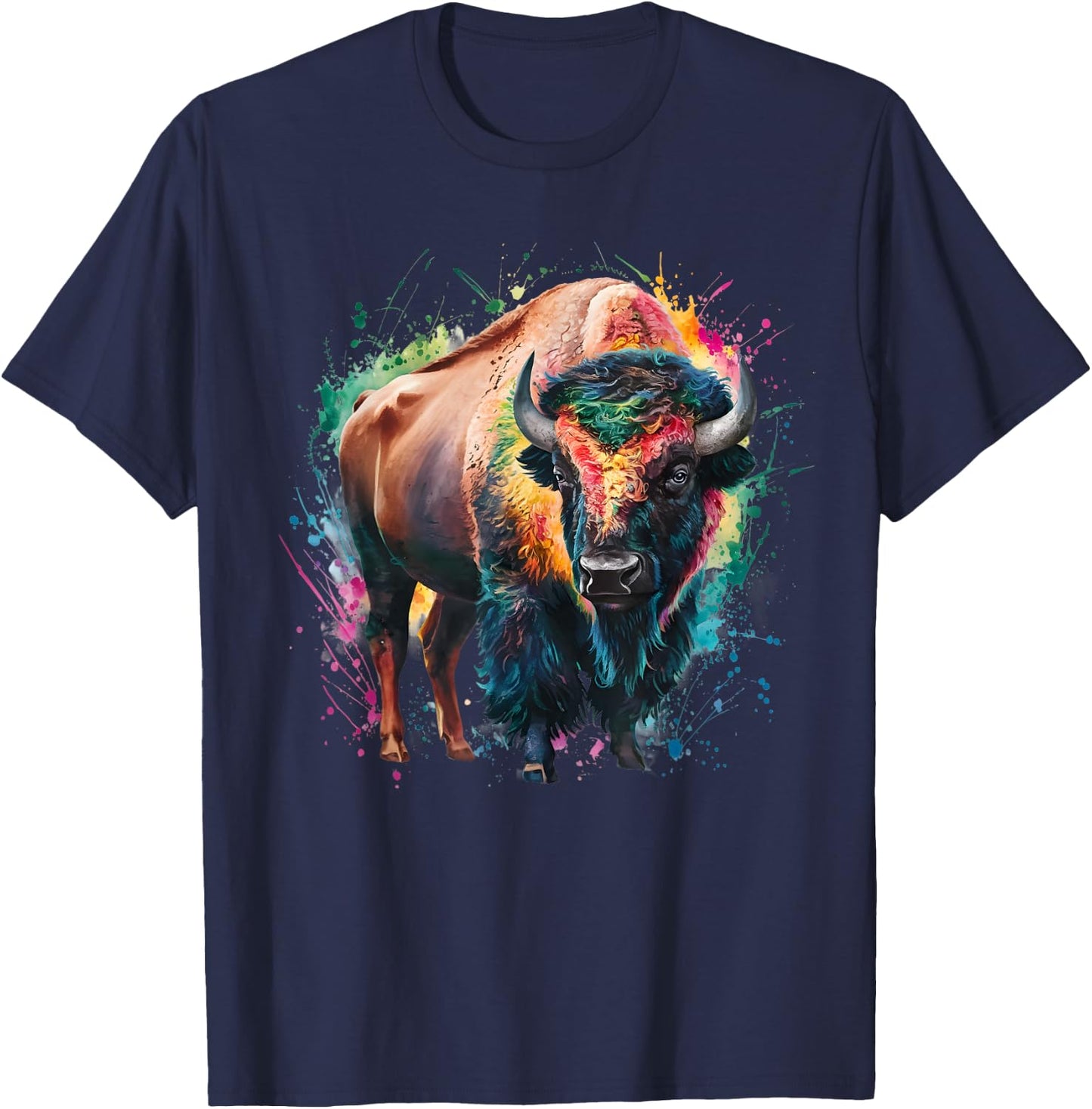 Bison Men's Women's Colourful Watercolour Bison T-Shirt - T-Shirt | Navy