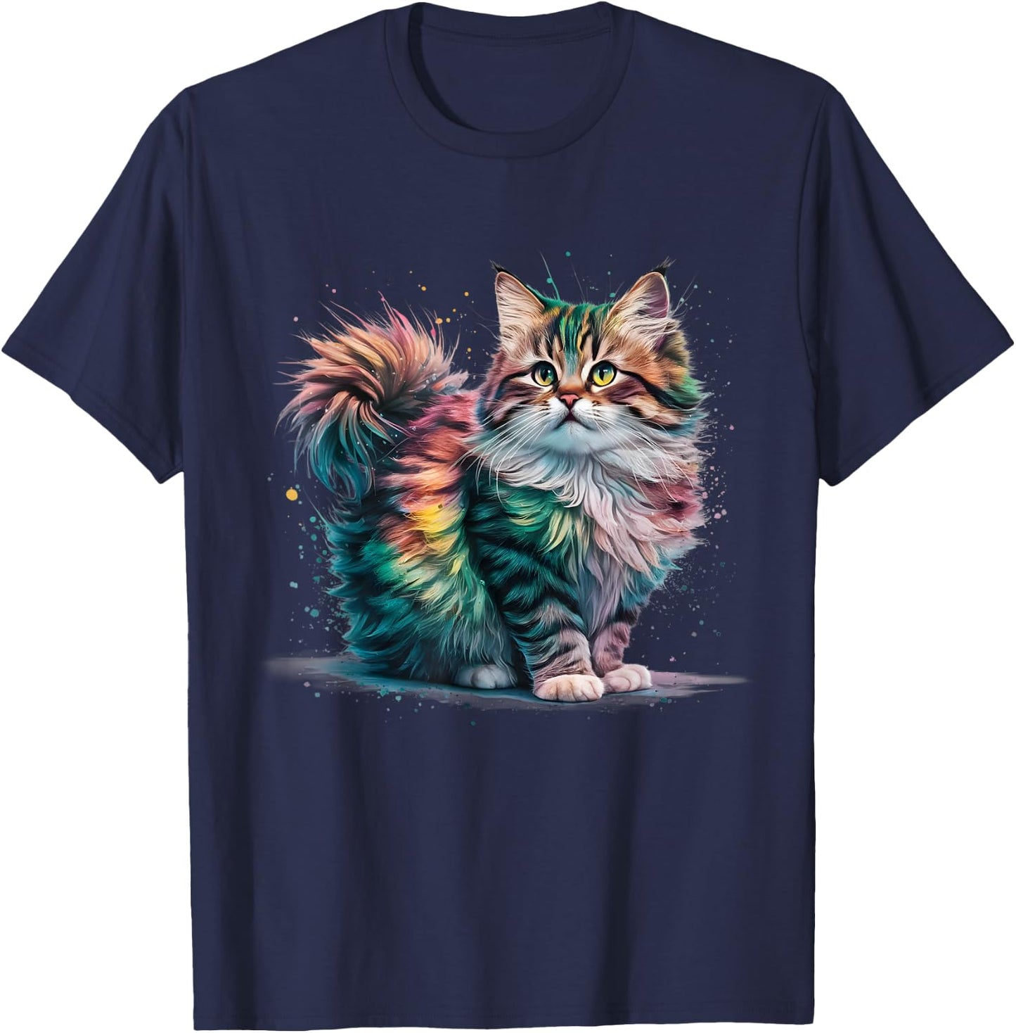 Cat Men Women Colourful Watercolour Cat , black T-Shirt - T-Shirt | Navy