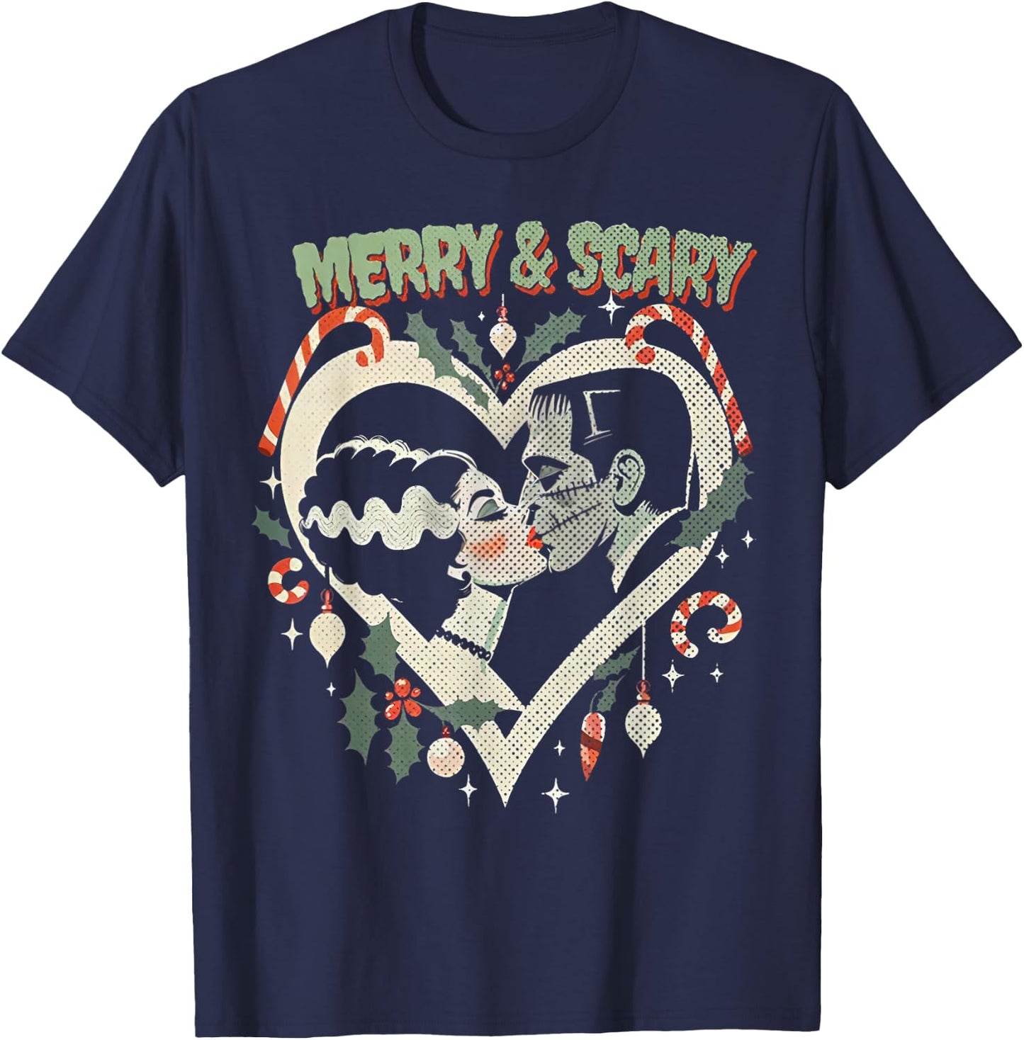 Merry & Scary Frankie & Liz Christmas T-Shirt - T-Shirt | Navy