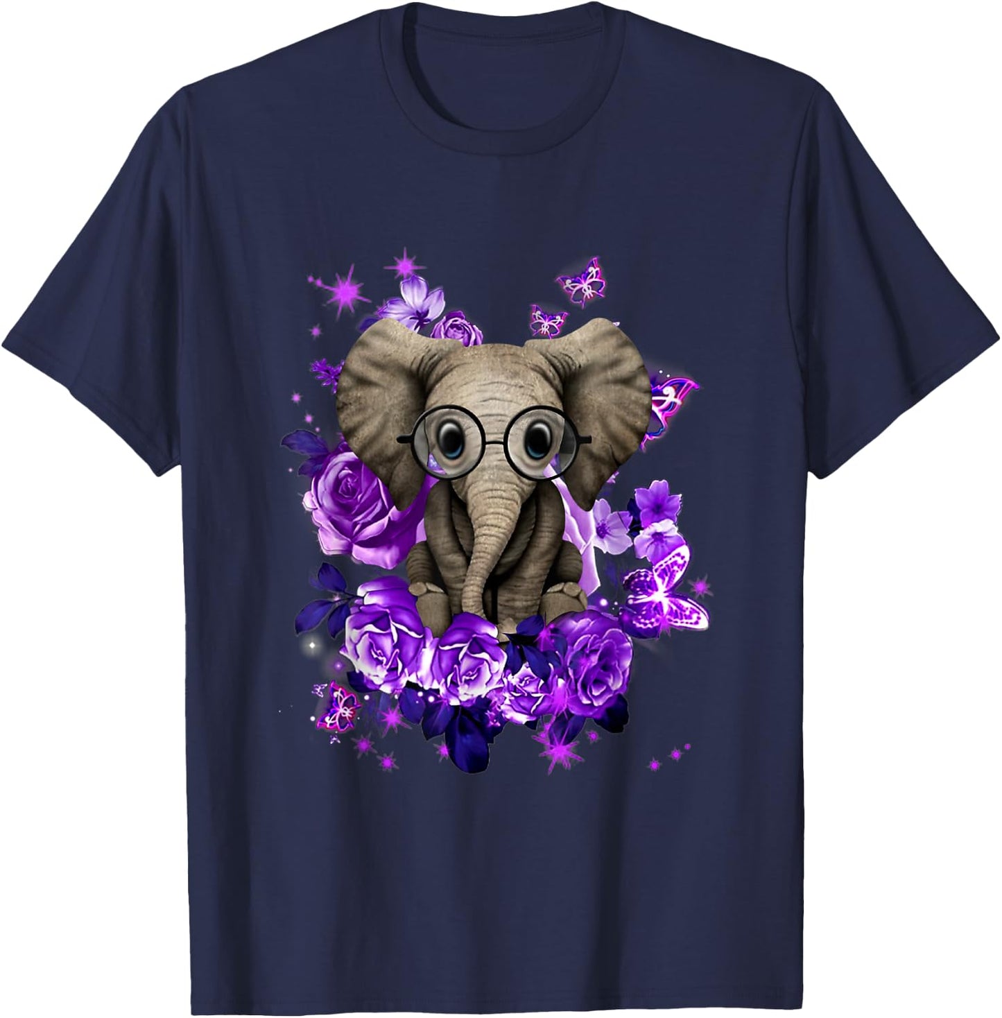 Funny Purple Elephant Purple Flower And Butterfly T-Shirt - T-Shirt | Navy