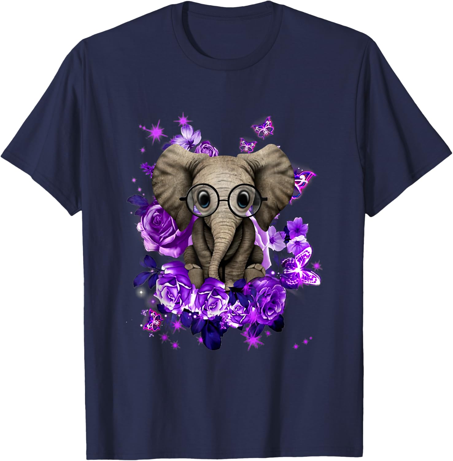 Funny Purple Elephant Purple Flower And Butterfly T-Shirt - T-Shirt | Navy