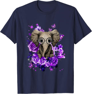 Funny Purple Elephant Purple Flower And Butterfly T-Shirt - T-Shirt | Navy