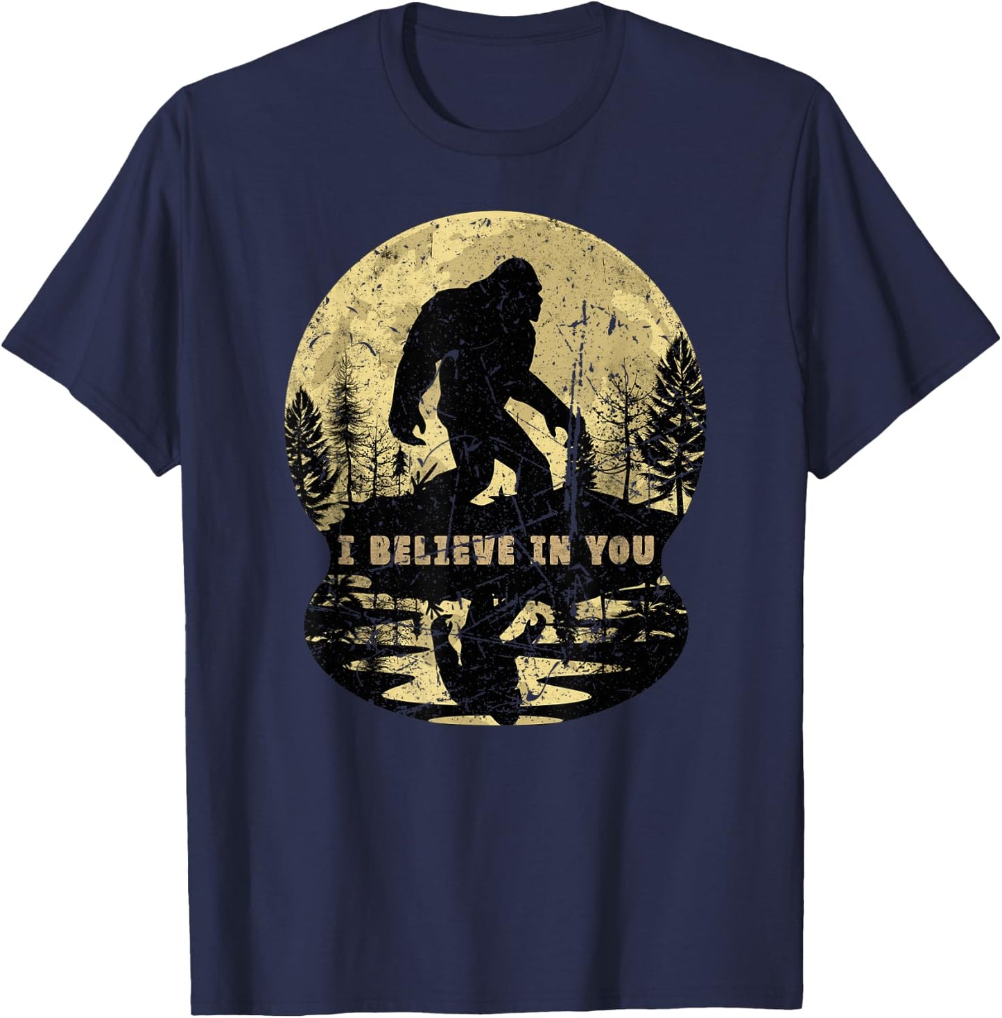 Vintage Retro I Believe in You Moonlight Bigfoot Strolling T-Shirt - T-Shirt | Navy