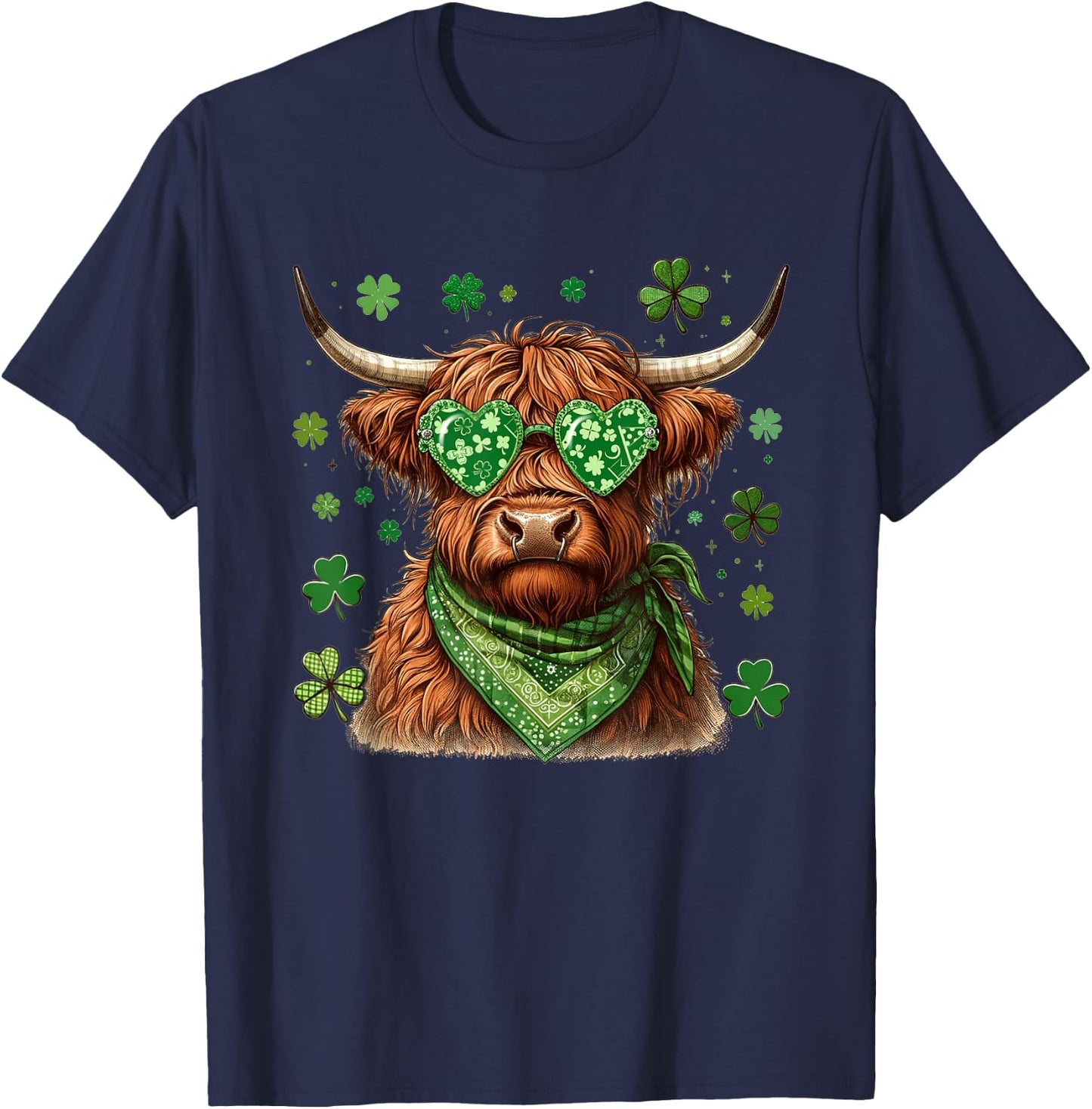 BUTLERTEES Women's St. Patrick's Day Highland Cow Shamrock (Black, Standard Length, Cotton) T-Shirt - T-Shirt | Navy