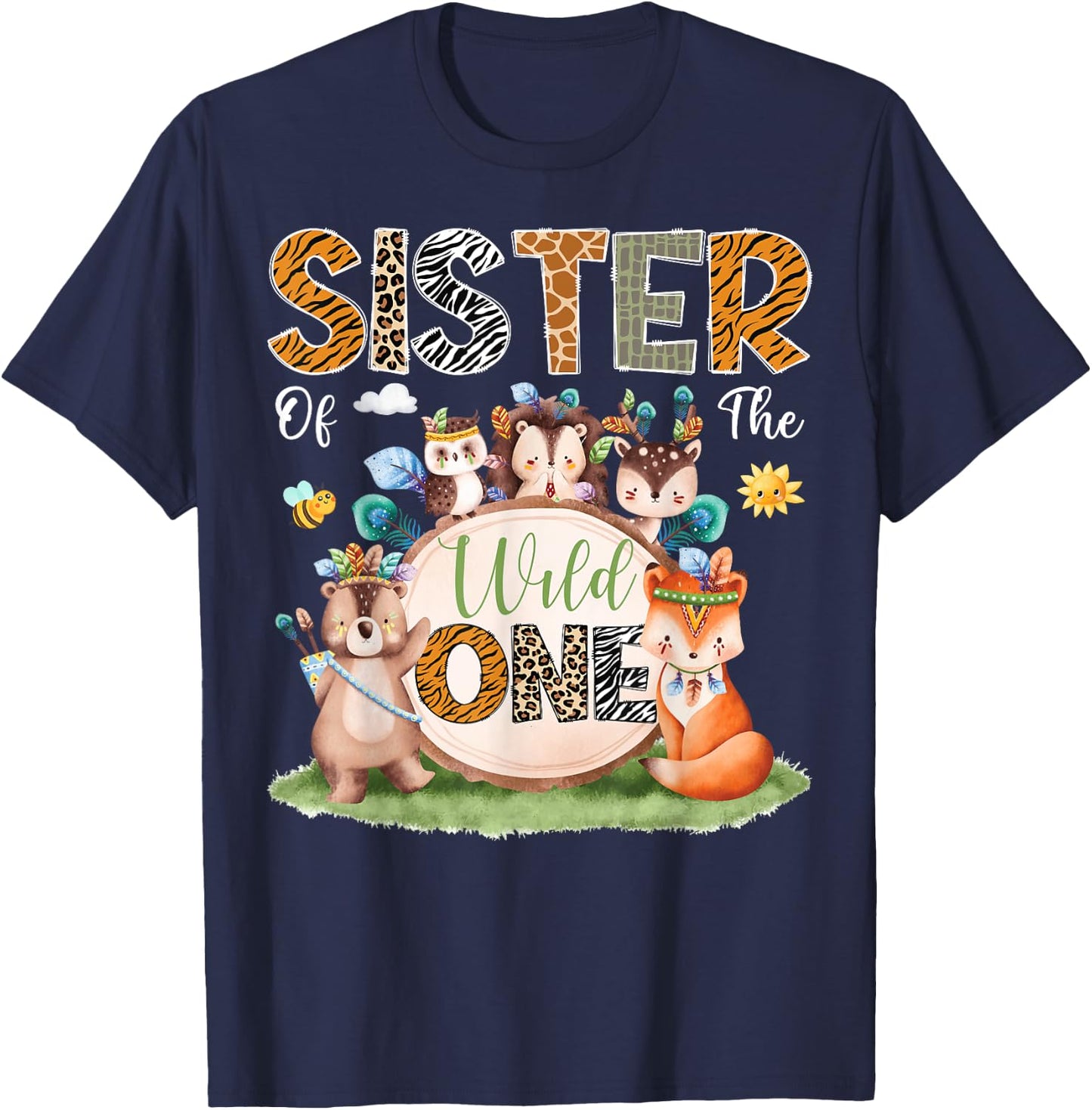 Sister Of The Wild One 1St Birthday Woodland Safari Jungle T-Shirt - T-Shirt | Navy