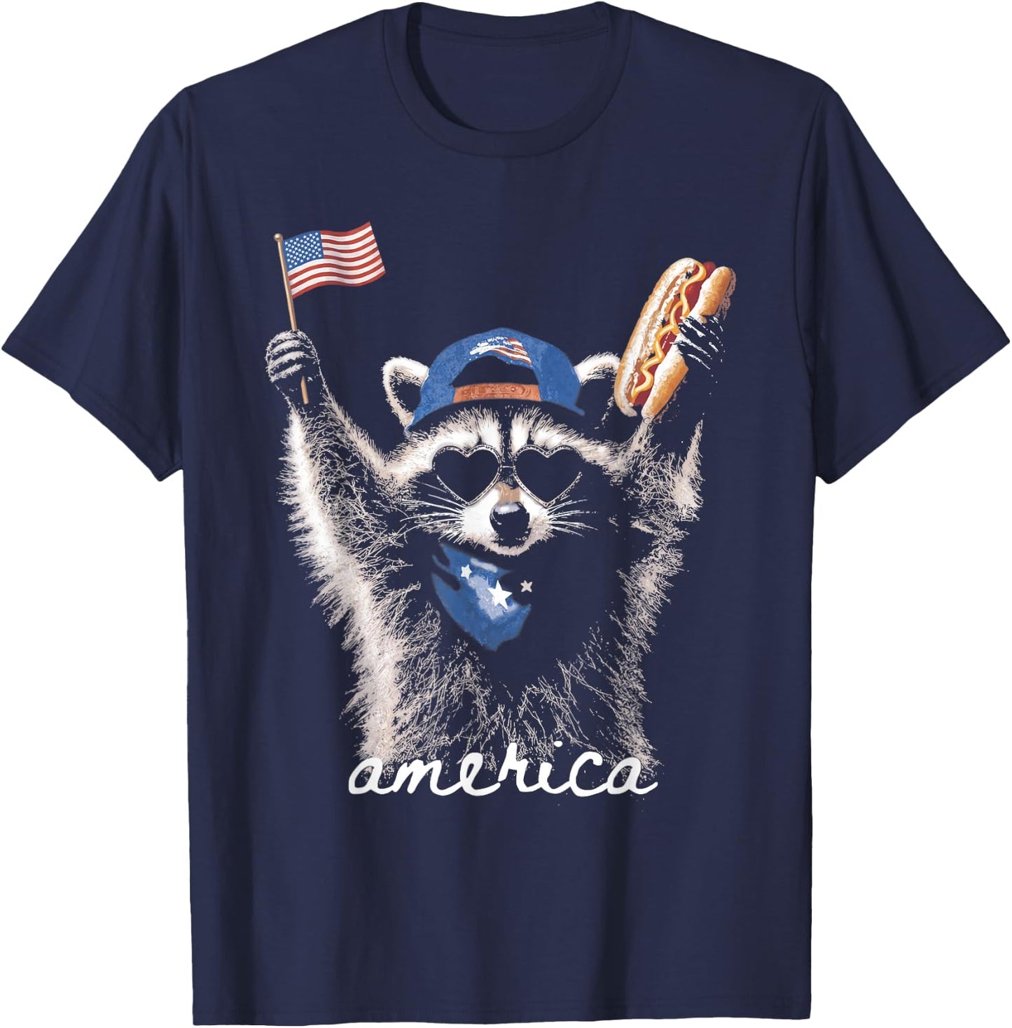 Retro Funny America Raccoon Hot Dog Lovers Patriotic US Flag T-Shirt - T-Shirt | Navy