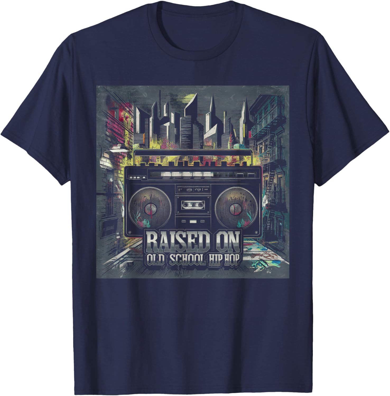 RAISED ON OLD SCHOOL Graffiti Rap HIP HOP Cassette T-Shirt - T-Shirt | Navy