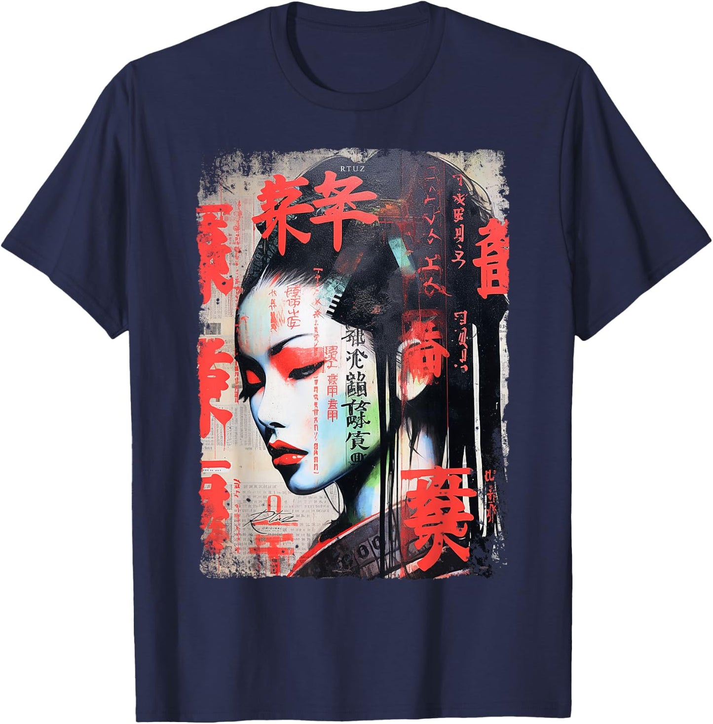 Hip Hop Y2K Vintage Hipster Edgy Urban Streetwear Geisha T-Shirt - T-Shirt | Navy
