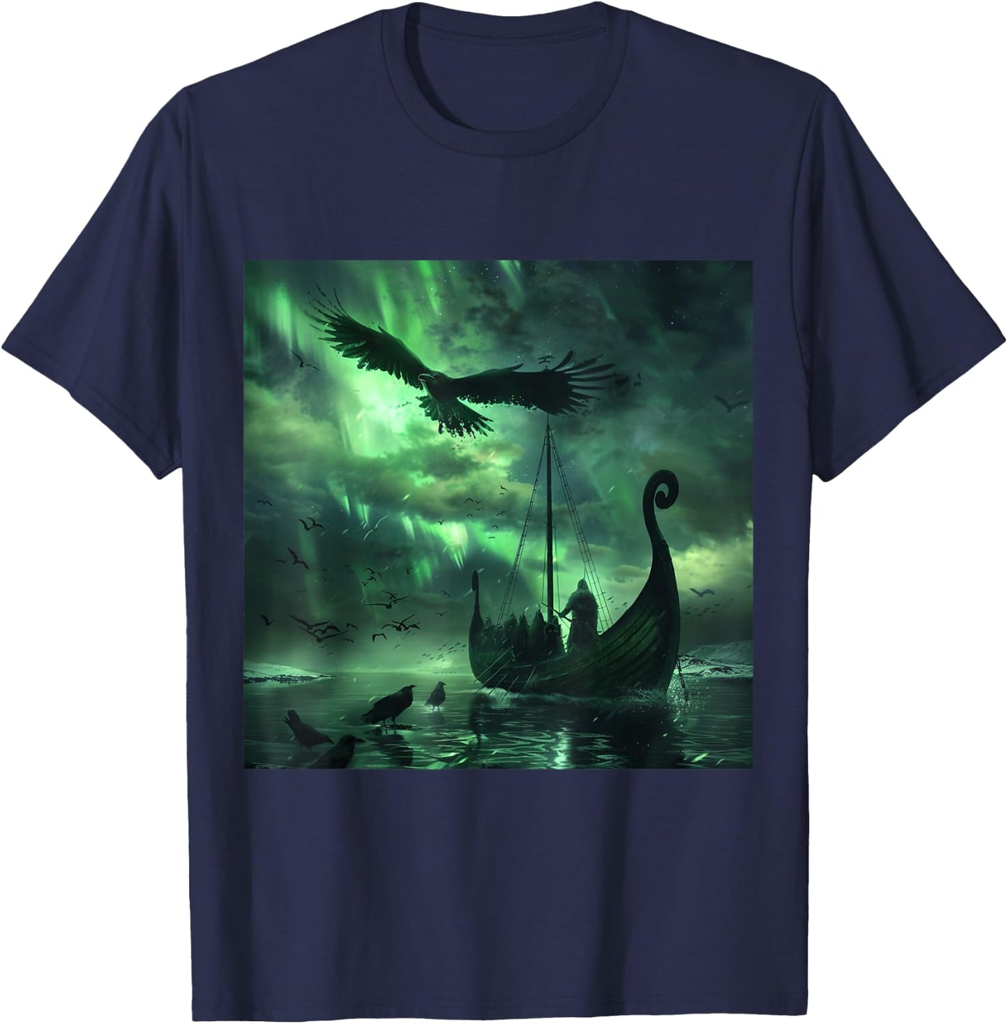 Viking Hugin & Munin Floki Valhalla Viking Ship T-Shirt - T-Shirt | Navy