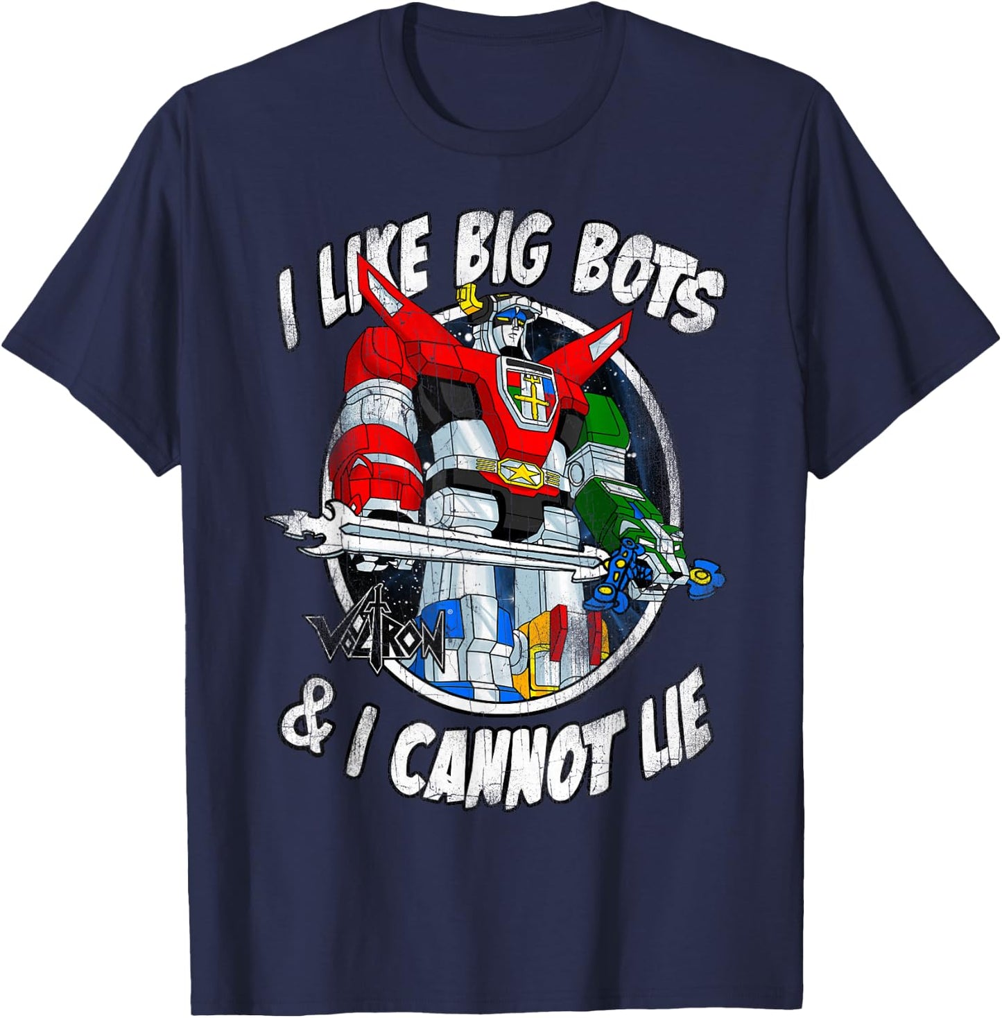 Voltron Retro Defender I Like Big Bots Distressed T-Shirt - T-Shirt | Navy