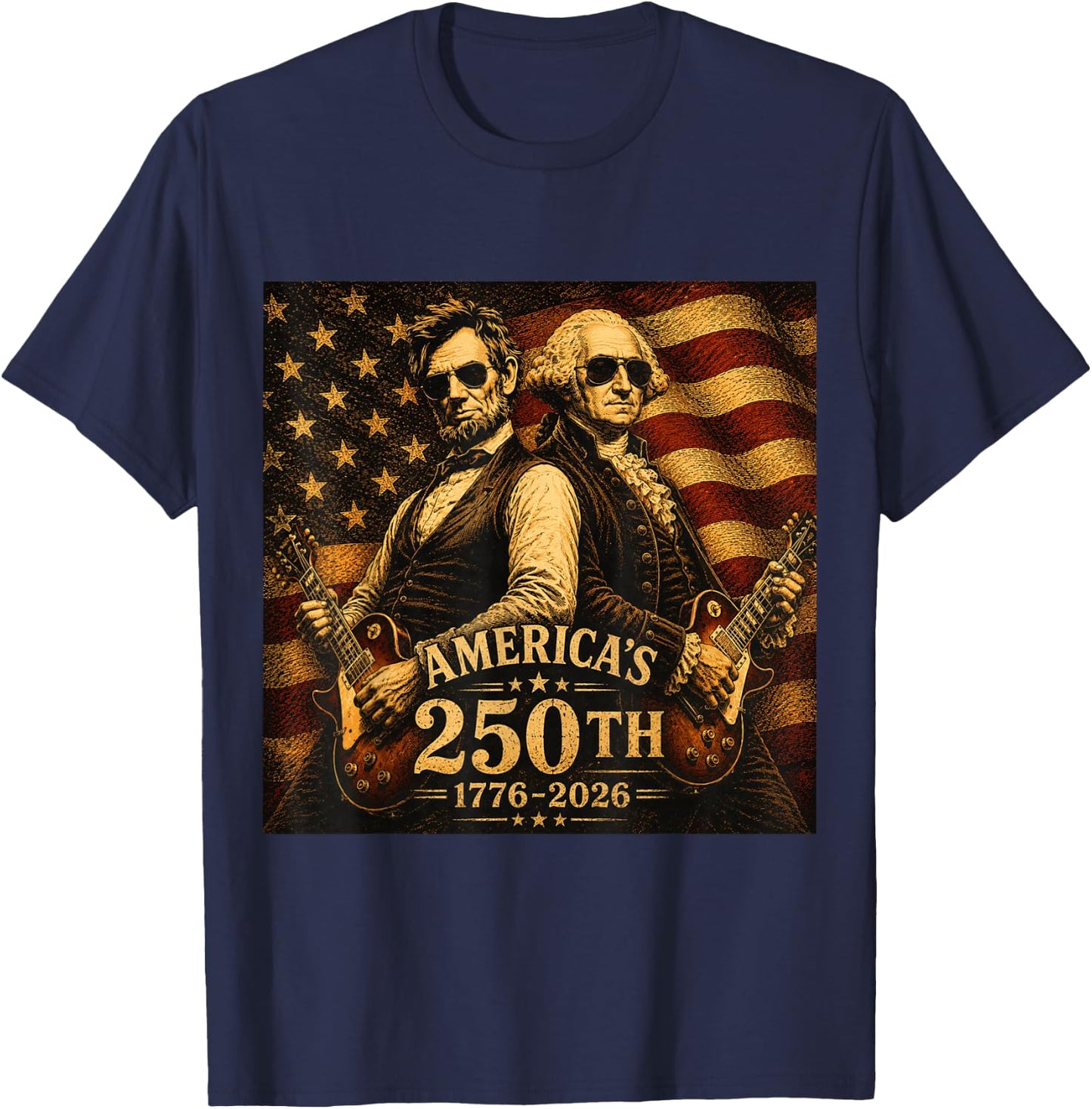 George Washington Abraham Lincoln Guitar 250th Vintage Music T-Shirt - T-Shirt | Navy