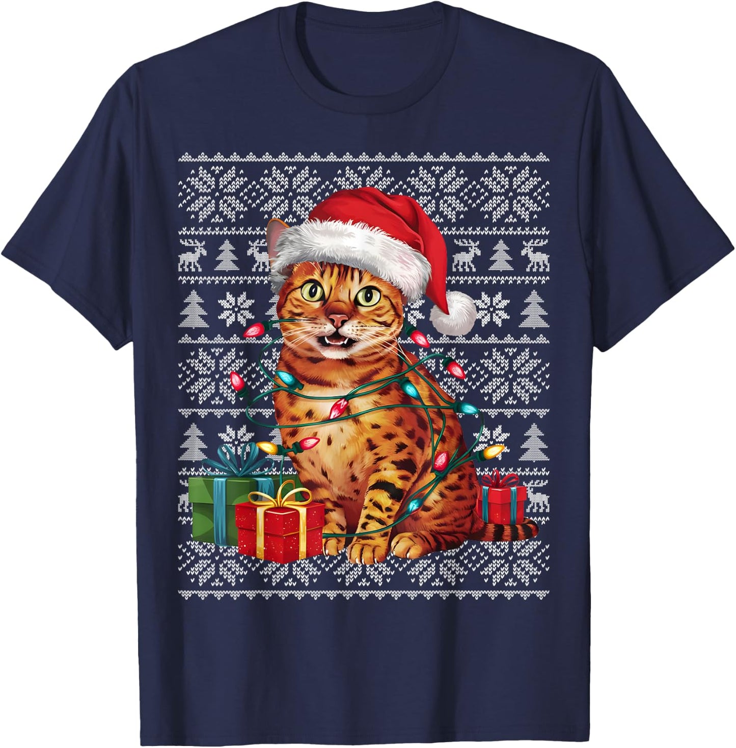 Xmas Sweater Style Ugly Santa Hat Bengal Cat Christmas Women Kids T-Shirt - T-Shirt | Navy