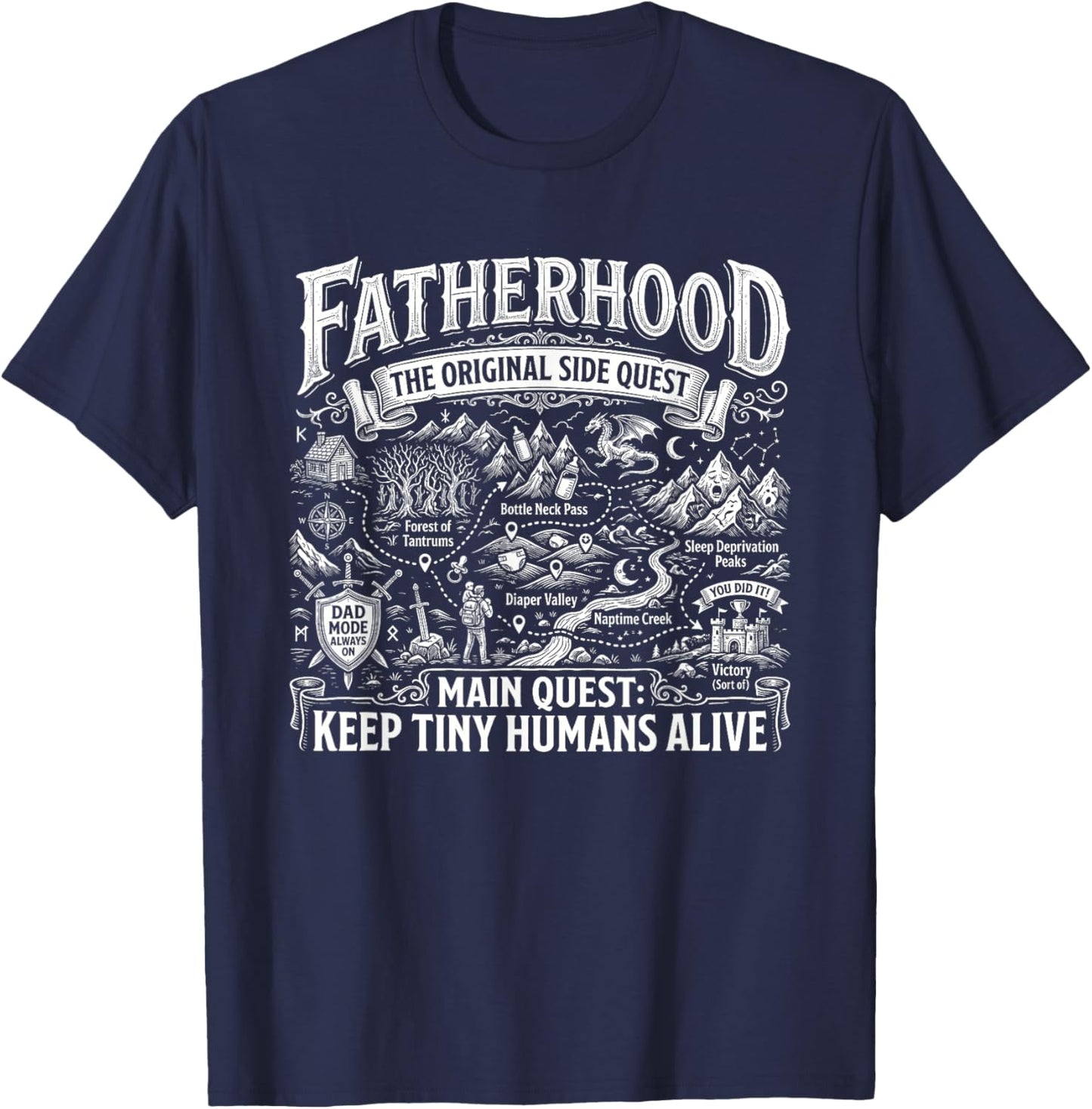 Fatherhood Side Quest Dad Life Sarcasm Fathers Day Humor Pun T-Shirt - T-Shirt | Navy