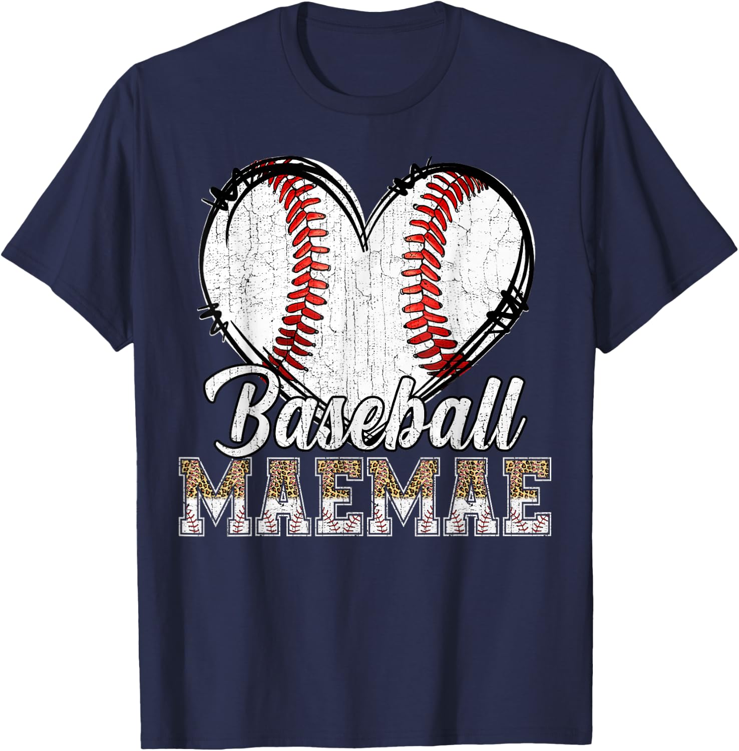 Softball Baseball Maemae Heart Leopard Print Mother's Day T-Shirt - T-Shirt | Navy