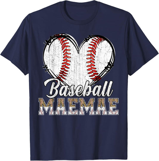 Softball Baseball Maemae Heart Leopard Print Mother's Day T-Shirt - T-Shirt | Navy