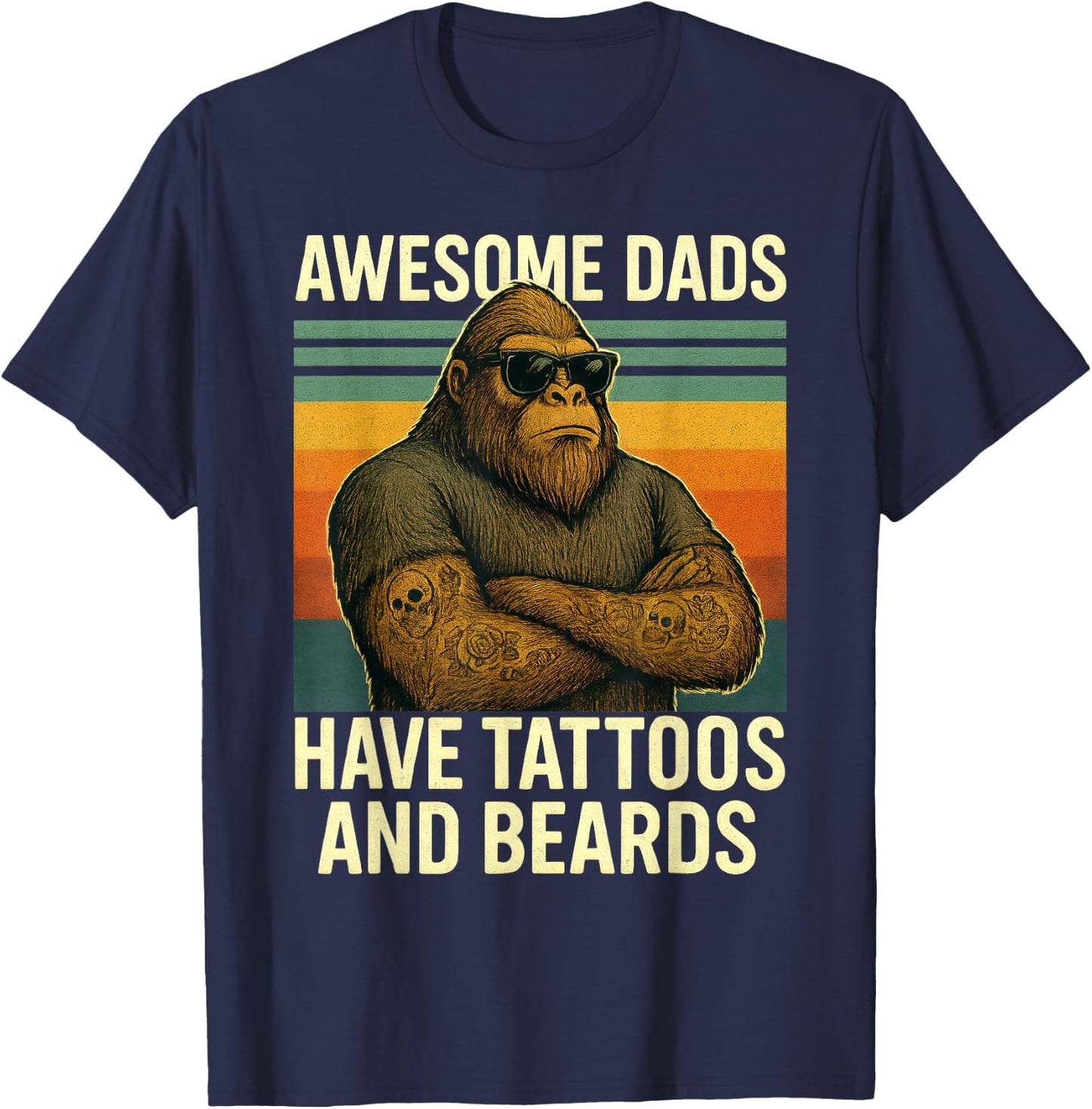 Awesome Dads Tattooed Bearded Bigfoot Retro Fathers Day T-Shirt - T-Shirt | Navy
