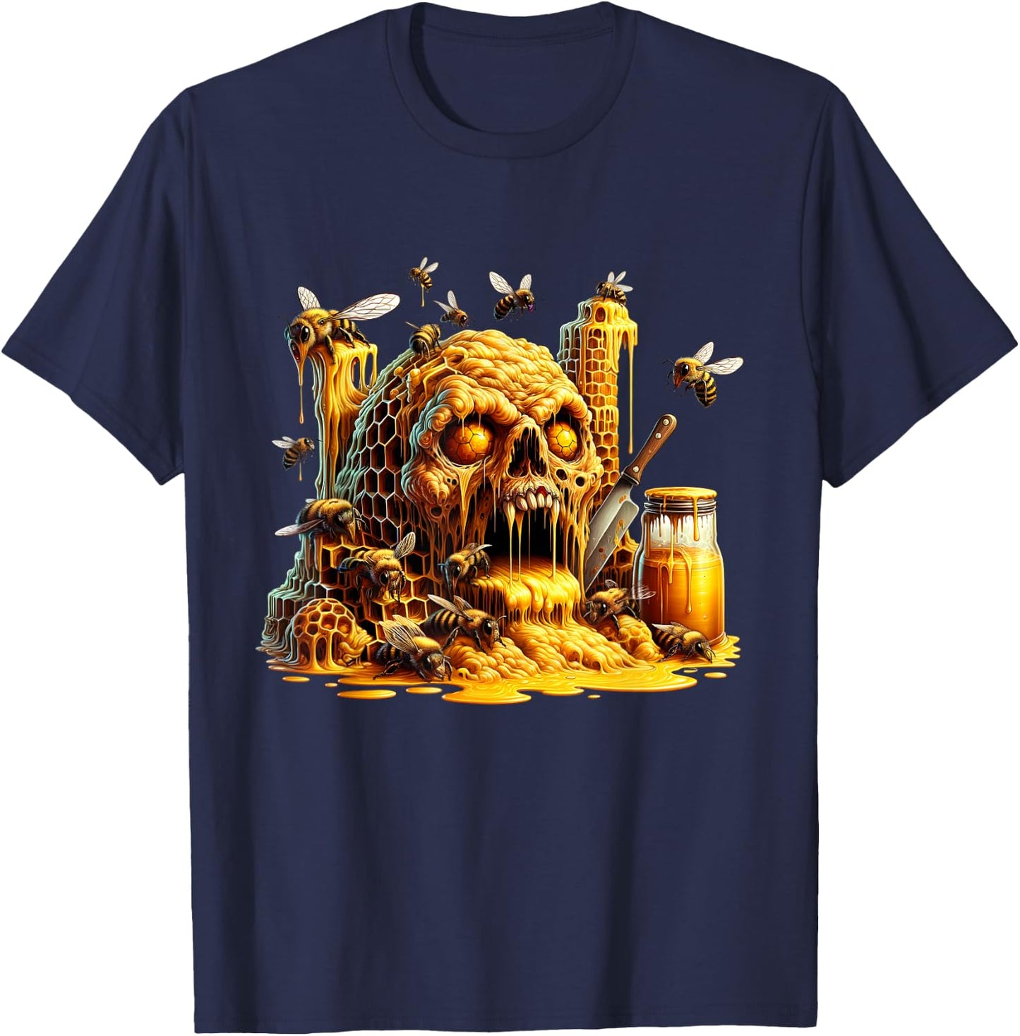 Honeycore - Grotesque skull with honey and bees T-Shirt - T-Shirt | Navy