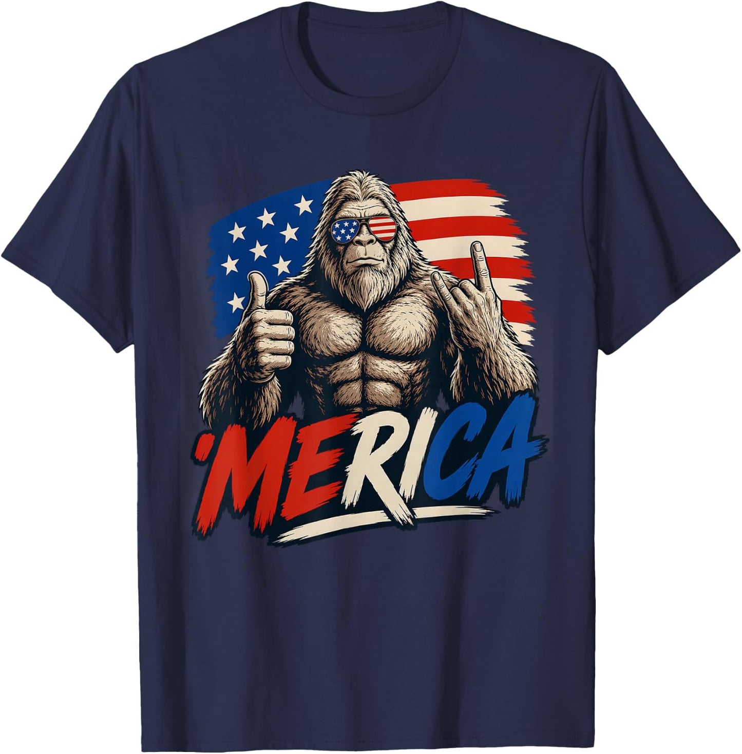 Bigfoot 'Merica Rock Thumbs Up American Flag 4th of July T-Shirt - T-Shirt | Navy