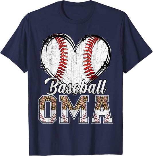 Softball Baseball Oma Heart Leopard Print Mother's Day T-Shirt - T-Shirt | Navy