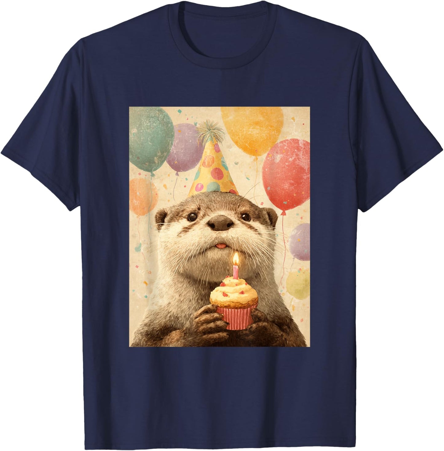 Otter Retro Art Print Birthday Party Balloons & Cupcake T-Shirt - T-Shirt | Navy
