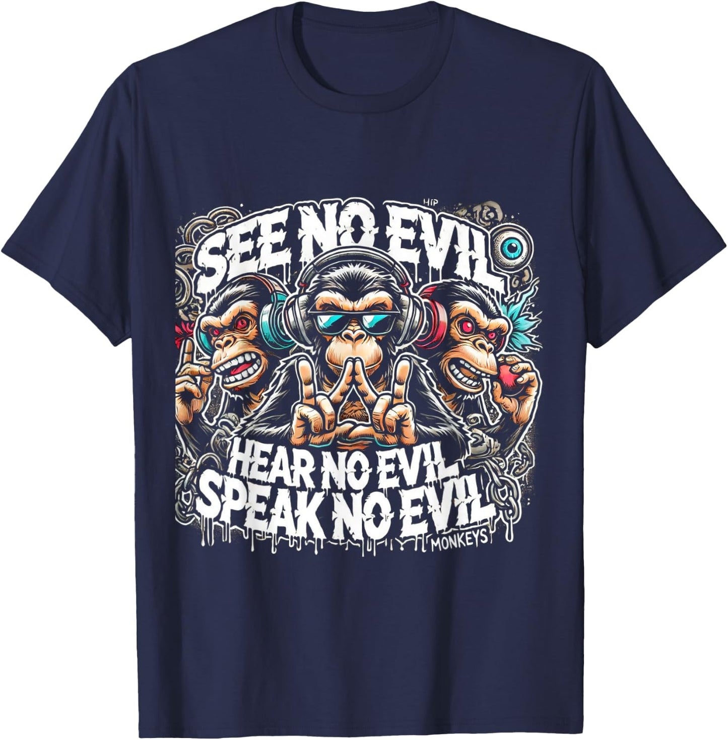 Three Wise Monkeys See No Evil Hear No Evil Speak No Evil T-Shirt - T-Shirt | Navy