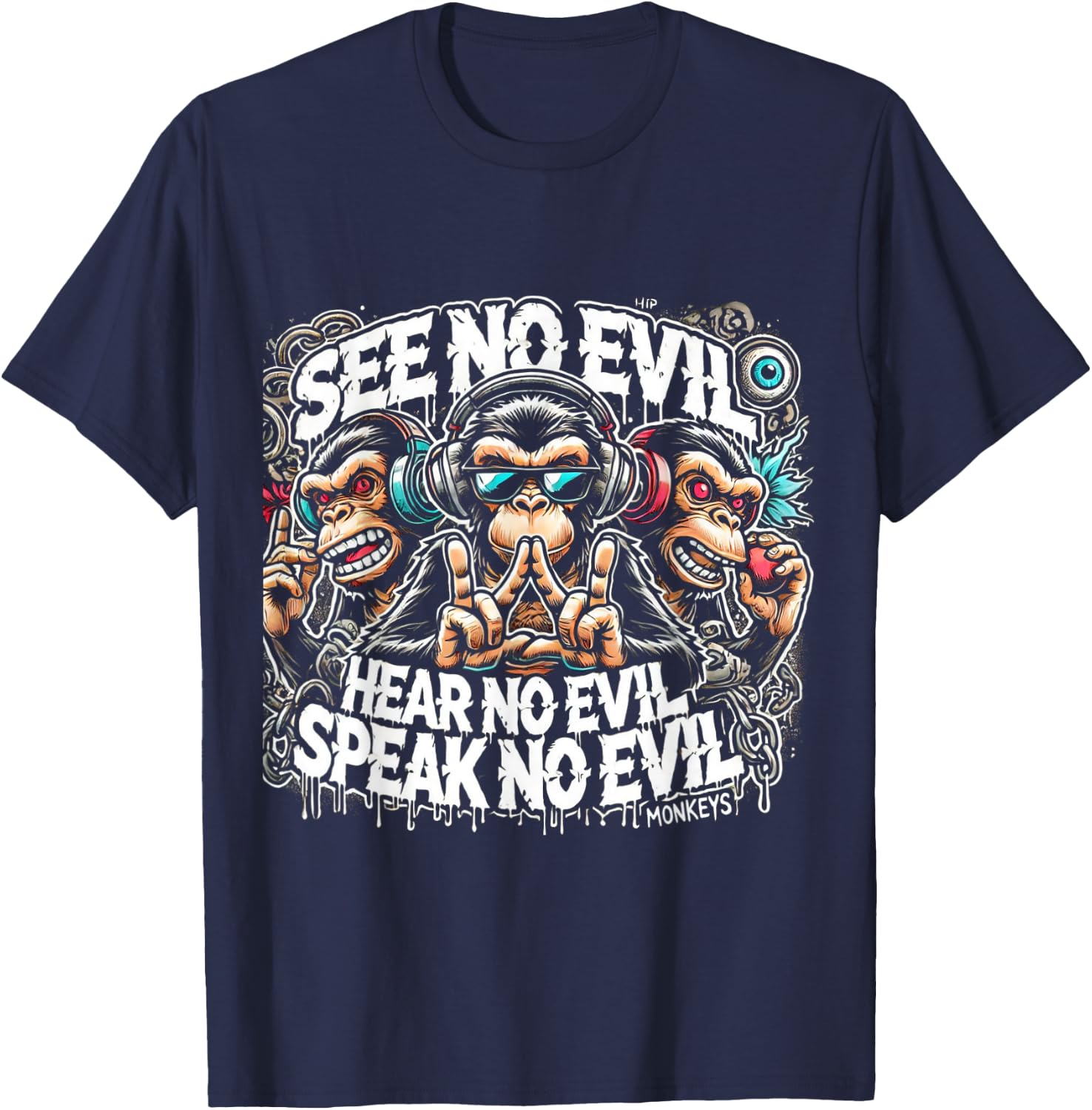 Three Wise Monkeys See No Evil Hear No Evil Speak No Evil T-Shirt - T-Shirt | Navy