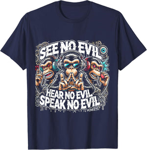 Three Wise Monkeys See No Evil Hear No Evil Speak No Evil T-Shirt - T-Shirt | Navy