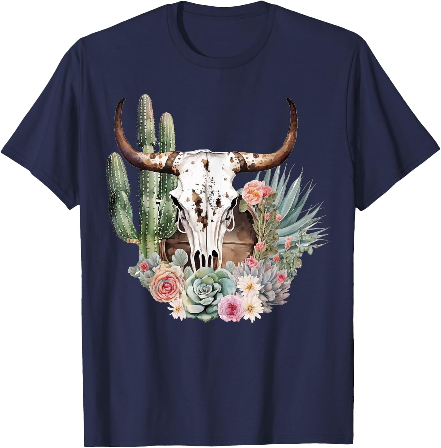 Western Boho Chic Longhorn Bull Skull Cactus Beige Pattern T-Shirt - T-Shirt | Navy