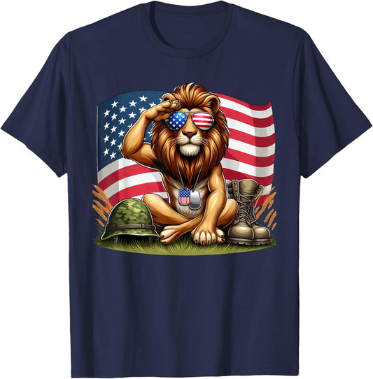 Salute Lion American USA Flag Memorial Day 4th of July T-Shirt - T-Shirt | Navy