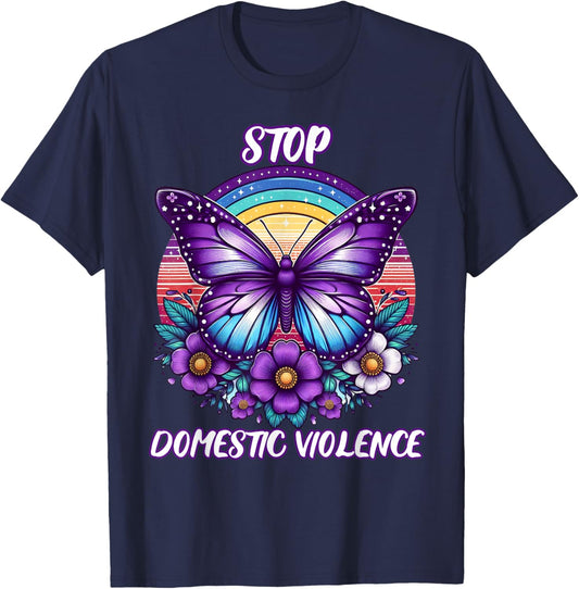 Women's Stop Domestic Violence Purple Retro Rainbow Flowers T-Shirt - T-Shirt | Navy