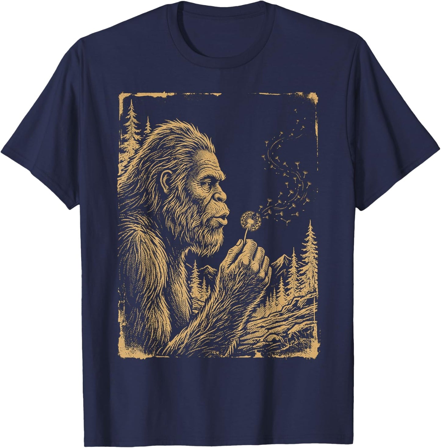 Funny Bigfoot Blowing Wishes Dandelion Vintage Art T-Shirt - T-Shirt | Navy