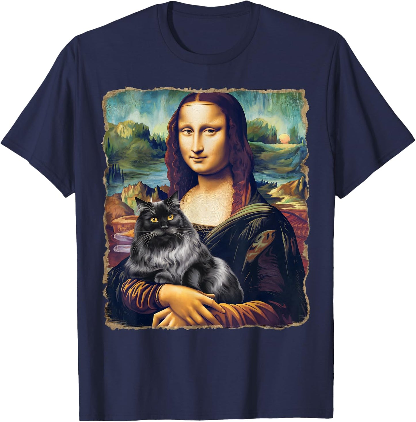Black Cat Art Painting Apparel Gifts Graphic Mona Lisa Cat Art Funny for Cat Lovers, -Adults, Kids, Black, Small, Short Sleeve T-Shirt - T-Shirt | Navy
