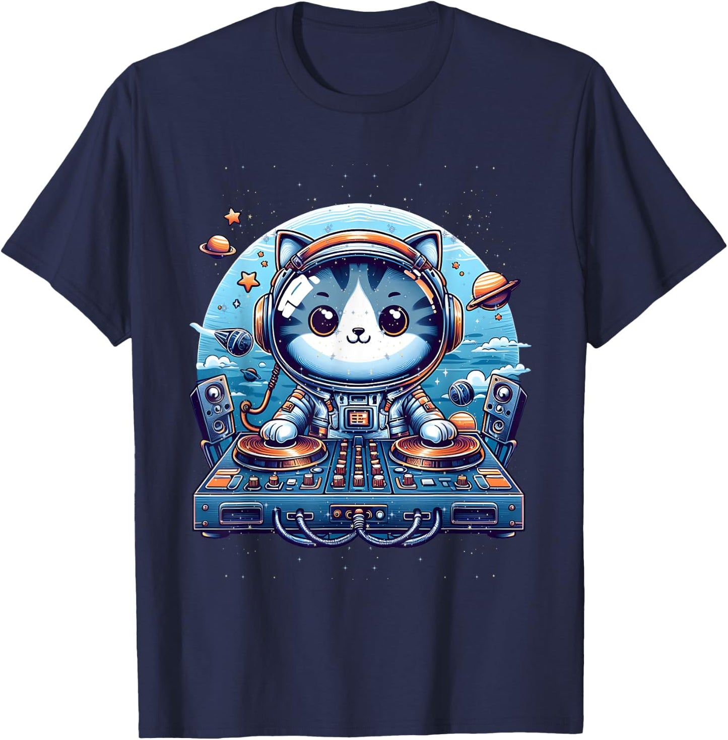 DJ Cat Cute Space Cat Disc Jockey Cat in Astronaut Suit T-Shirt - T-Shirt | Navy