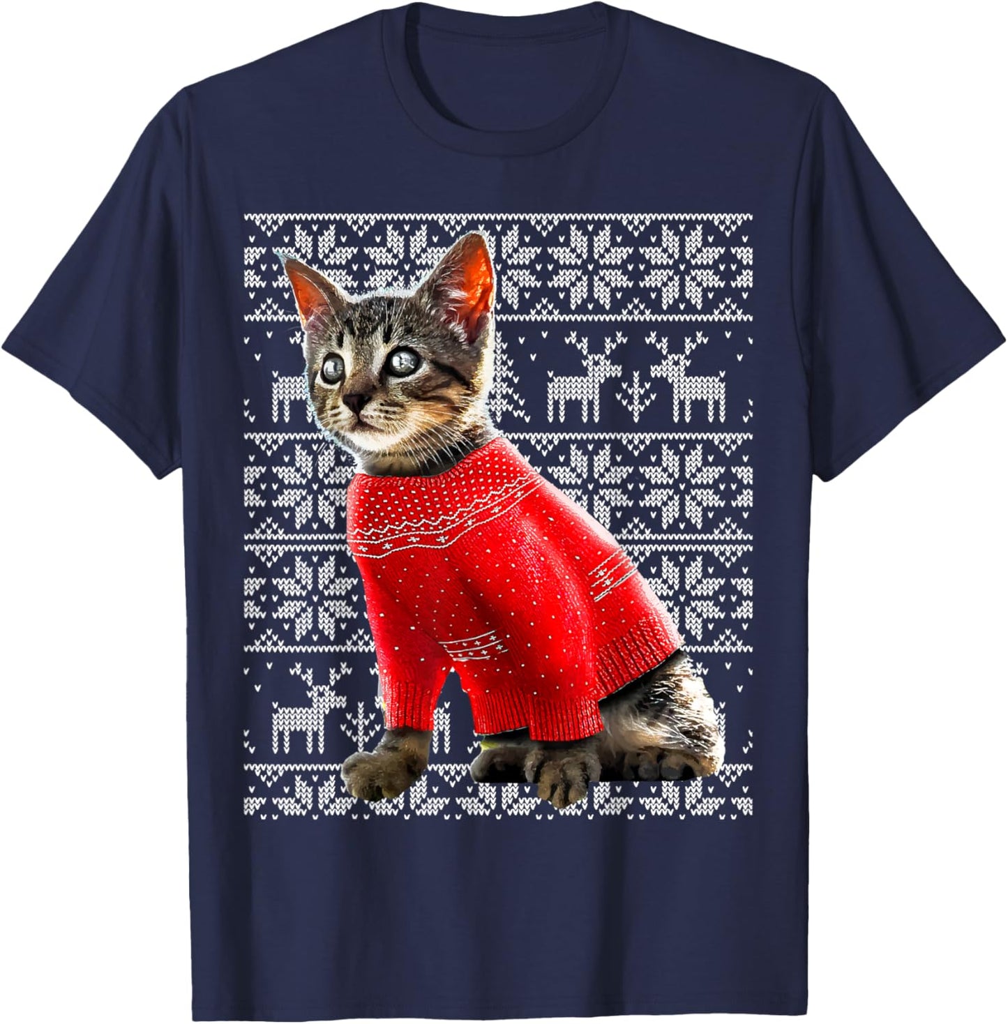 Ugly Christmas Sweater Cat Shirt Christmas Cat Gifts Women T-Shirt - T-Shirt | Navy