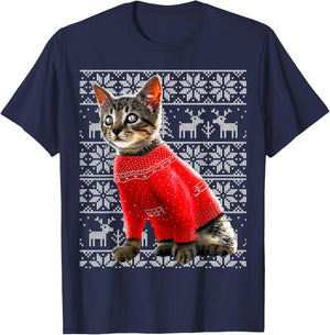 Ugly Christmas Sweater Cat Shirt Christmas Cat Gifts Women T-Shirt - T-Shirt | Navy