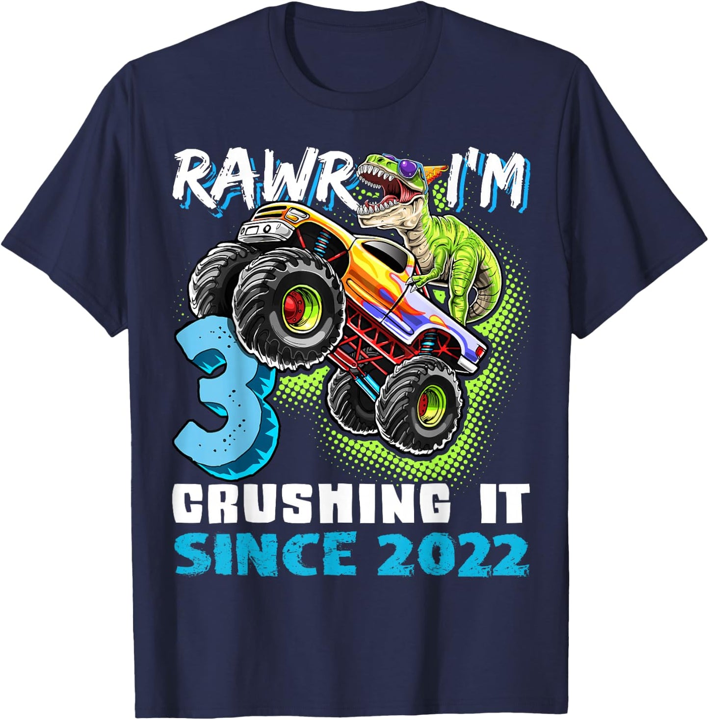 3rd Birthday Monster Truck Dinosaur Party Boys Rawr I'm 3 T-Shirt - T-Shirt | Navy