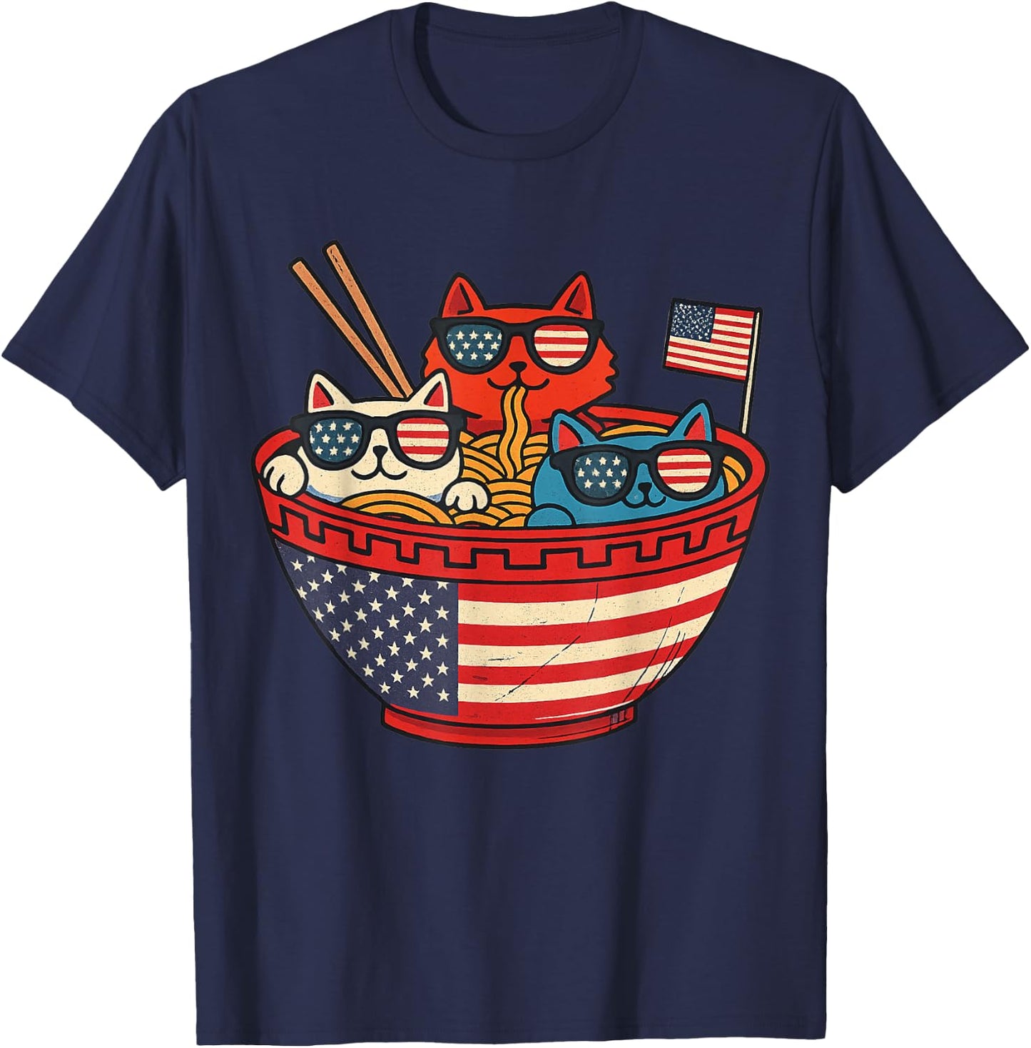 Cats Ramen Anime American Flag USA Funny 4th Of July Fourth T-Shirt - T-Shirt | Navy