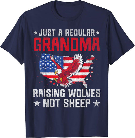 US Flag Regular Grandma Raising Wolves Not Sheep 4th of July T-Shirt - T-Shirt | Navy