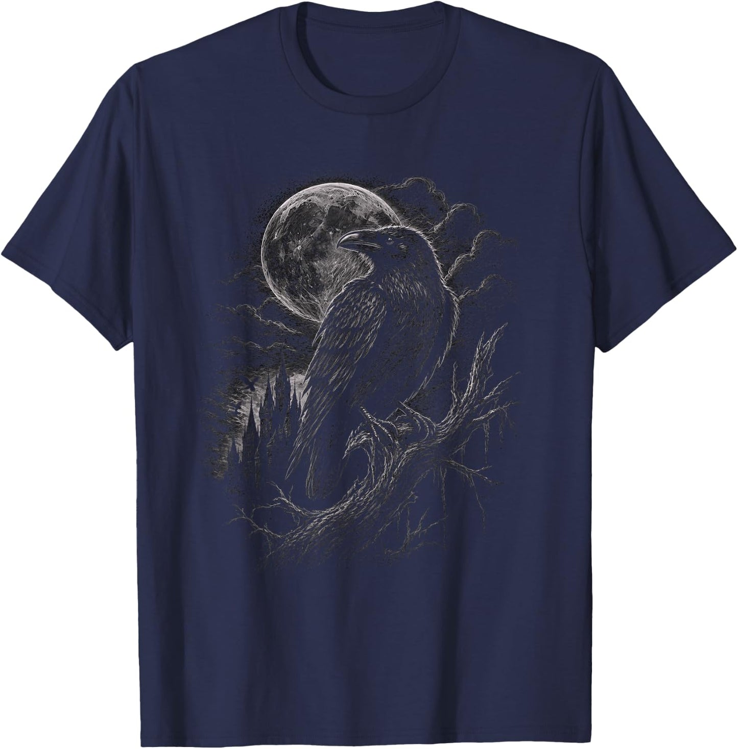 Gothic Crow with Moon Graphic Artwork Raven Design T-Shirt - T-Shirt | Navy