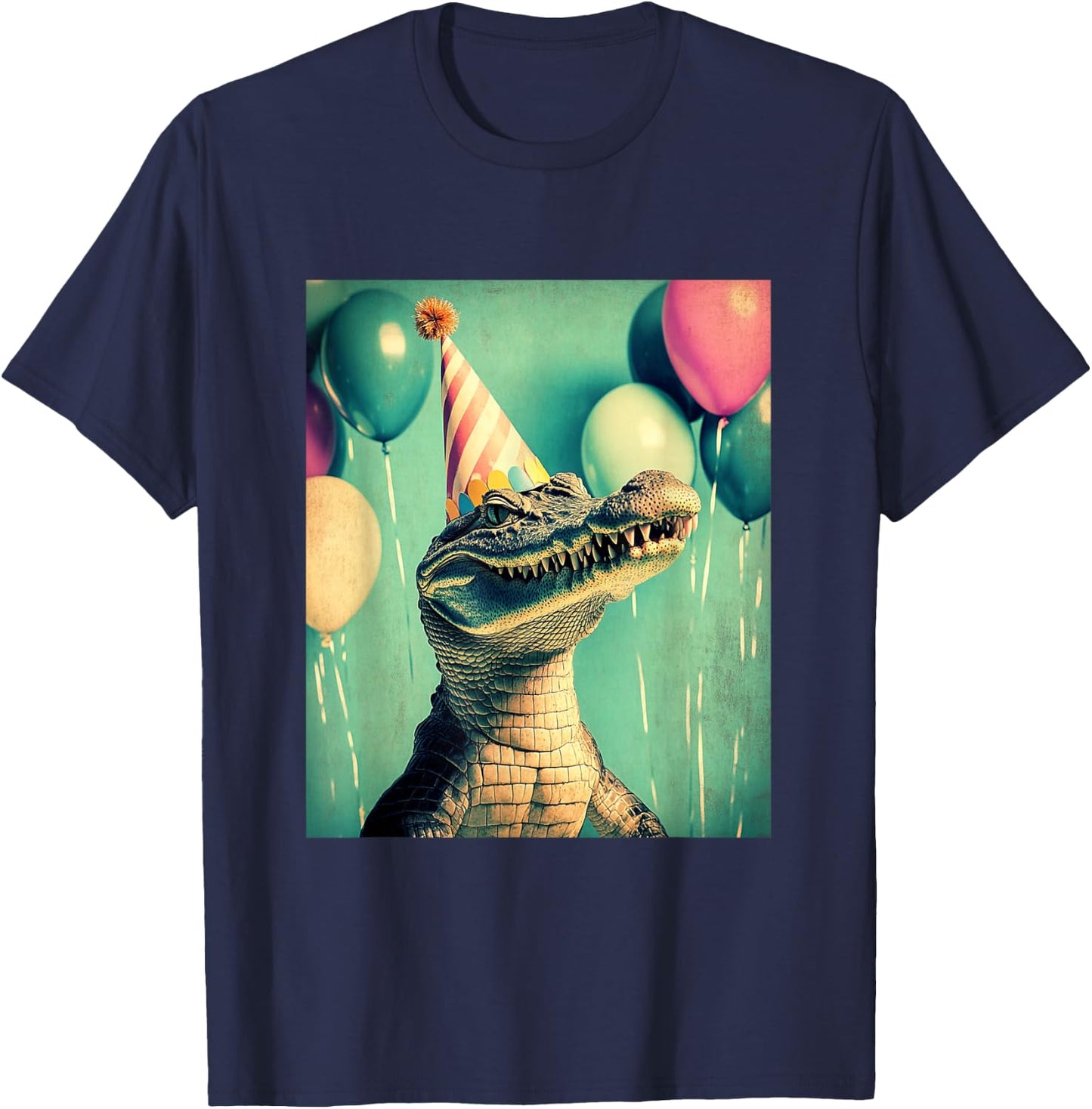 Crocodile Retro Art Print Birthday Party Balloons Party Hat T-Shirt - T-Shirt | Navy