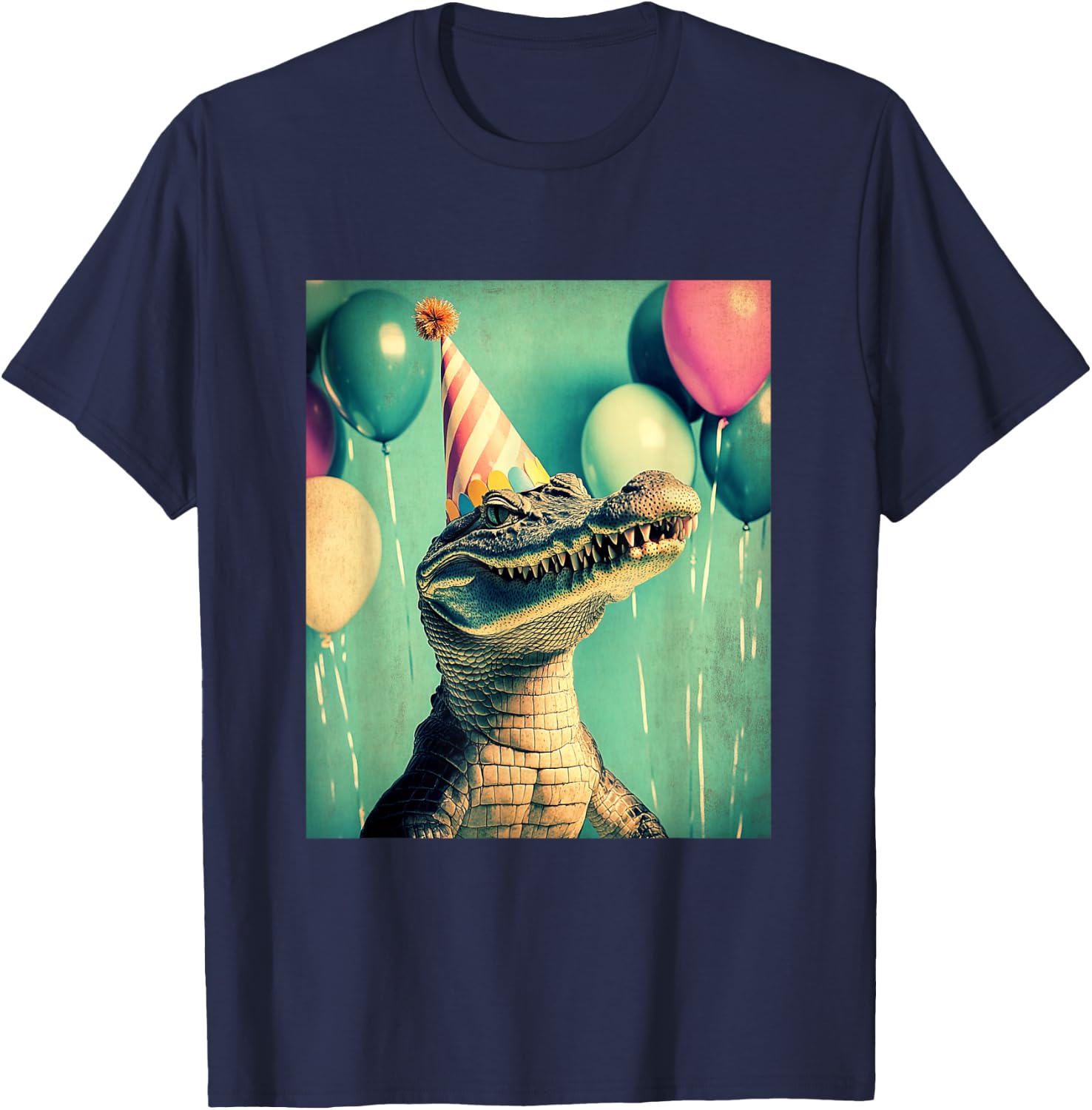 Crocodile Retro Art Print Birthday Party Balloons Party Hat T-Shirt - T-Shirt | Navy