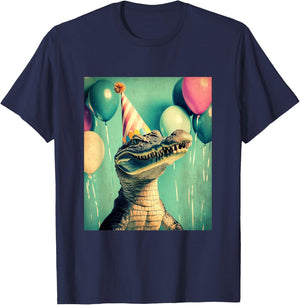 Crocodile Retro Art Print Birthday Party Balloons Party Hat T-Shirt - T-Shirt | Navy